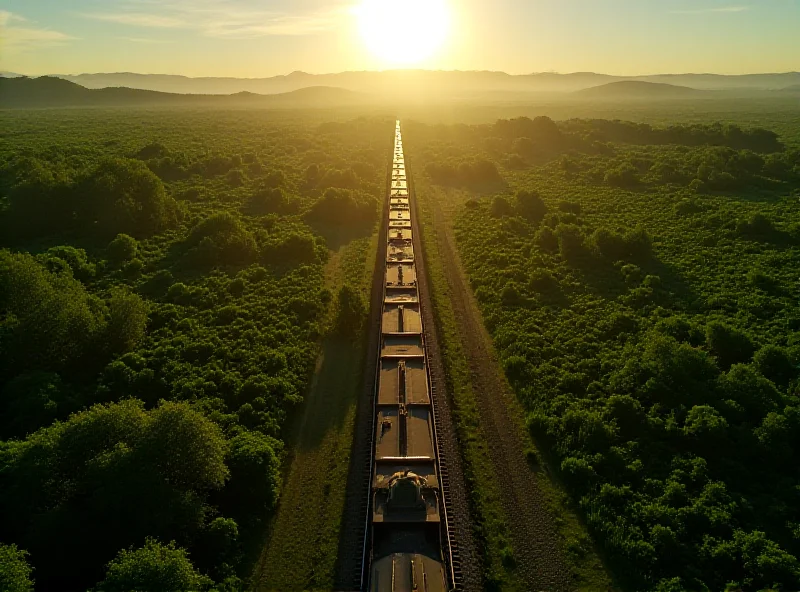 Aerial view of a long train traversing a lush green landscape in Brazil.