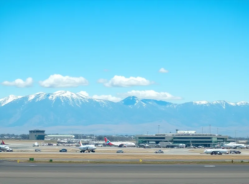 Wide shot of Denver International Airport with planes taking off and landing against a backdrop of the Rocky Mountains.