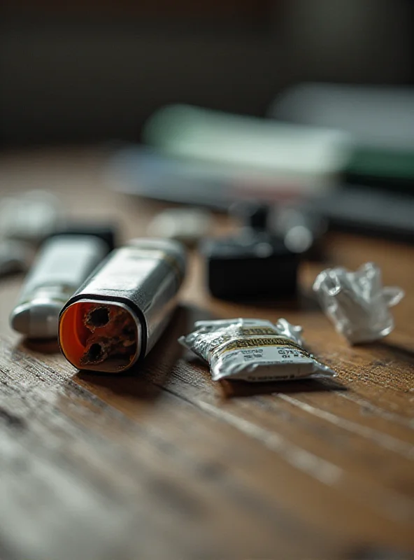 A collection of everyday items, including a lighter, marker, and charger, with a small amount of drugs visible inside one of them