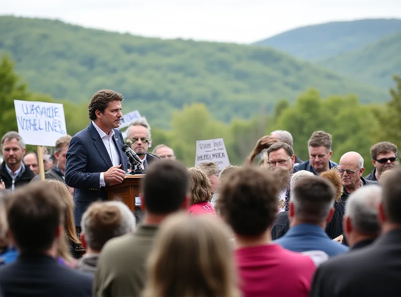 JD Vance speaking at a podium surrounded by protesters holding signs in Vermont. The atmosphere is tense but orderly.