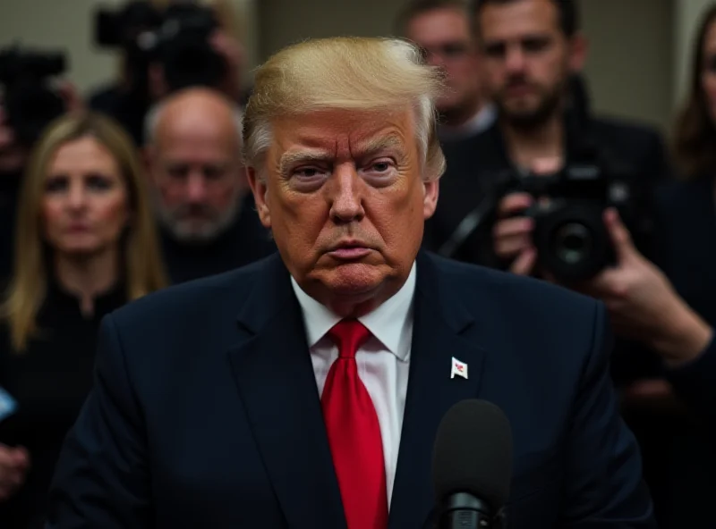 Donald Trump at a press conference, with a serious expression. Microphones are in front of him, and he's surrounded by reporters.