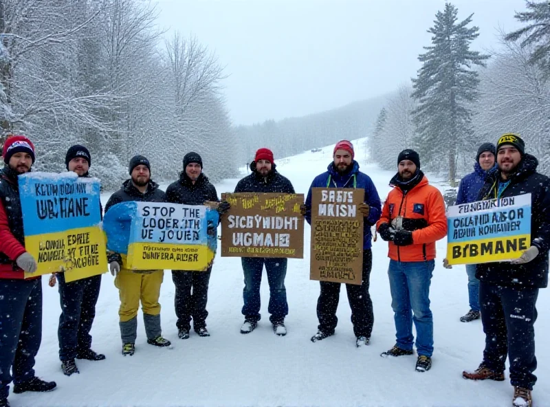 Protesters holding signs in a snowy landscape.