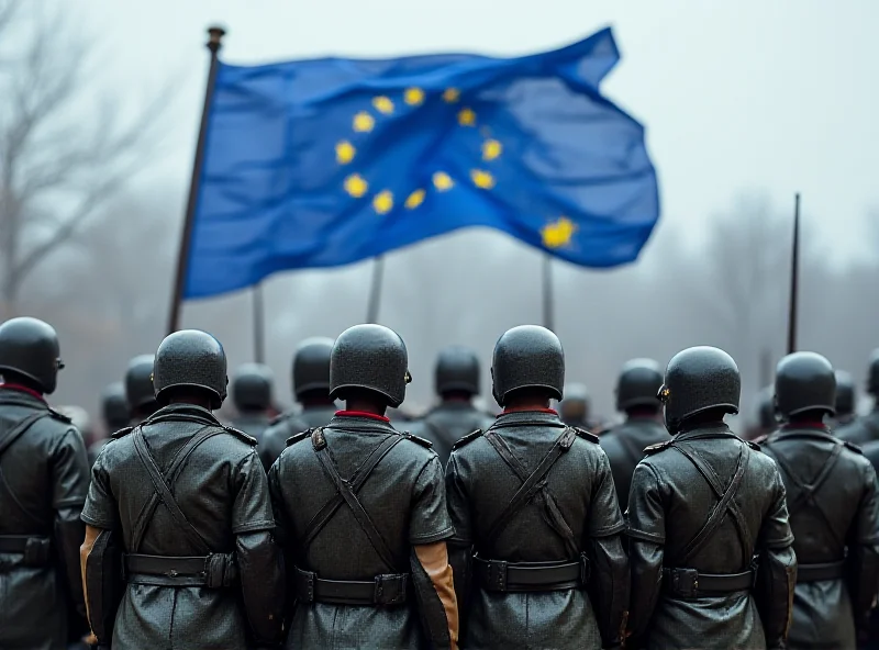 A group of European soldiers standing in formation, with the EU flag waving in the background, symbolizing European support for Ukraine.