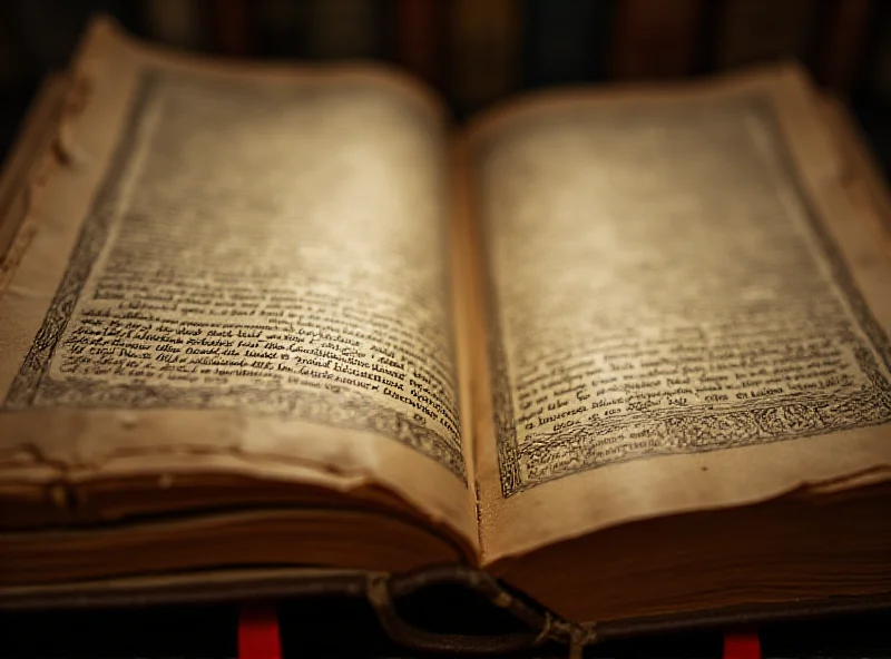 Ancient book with ornate cover, possibly leather-bound, resting on a wooden table with soft light illuminating the pages.