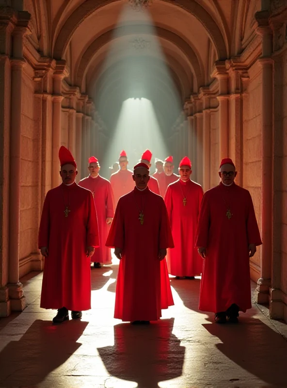 A group of Cardinals in red robes walking solemnly through a Vatican corridor, with diffused sunlight streaming through arched windows.