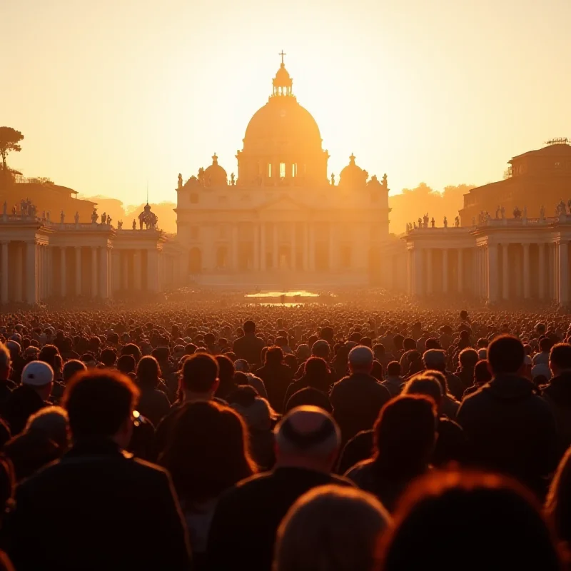 St. Peter's Square filled with thousands of people, many holding rosaries and looking towards the Vatican, illuminated by the setting sun.