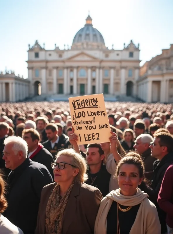 A crowd of faithful individuals gathered in St. Peter's Square, holding signs of support for Pope Francis.