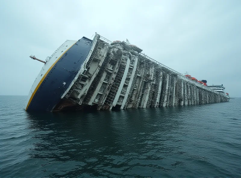 A somber image of the Costa Concordia wreckage, representing the tragedy associated with Schettino's name.