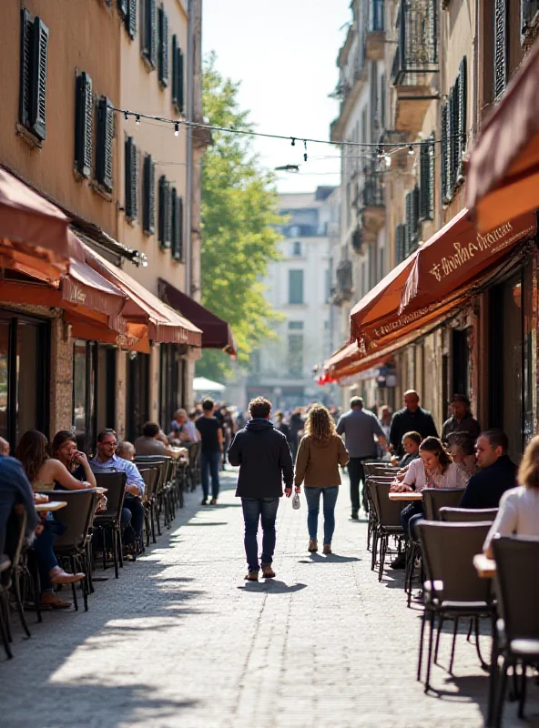 A crowded pedestrian zone in a German city during lunchtime, with people walking and eating.