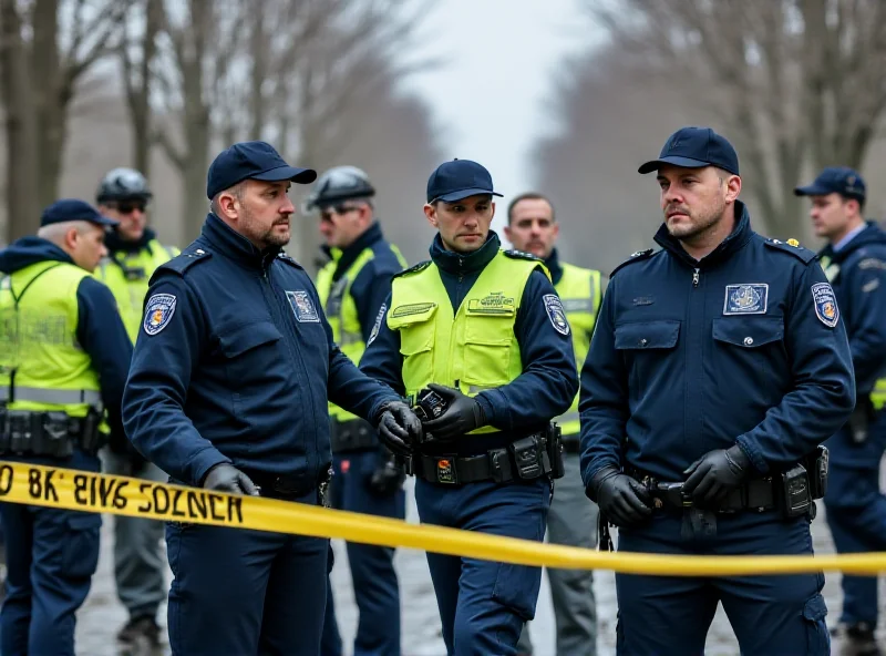 German police officers securing a crime scene with yellow tape, with concerned citizens looking on in the background.