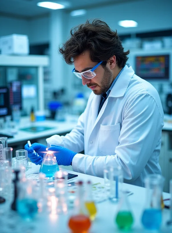 A laboratory setting with various vials and scientific equipment.