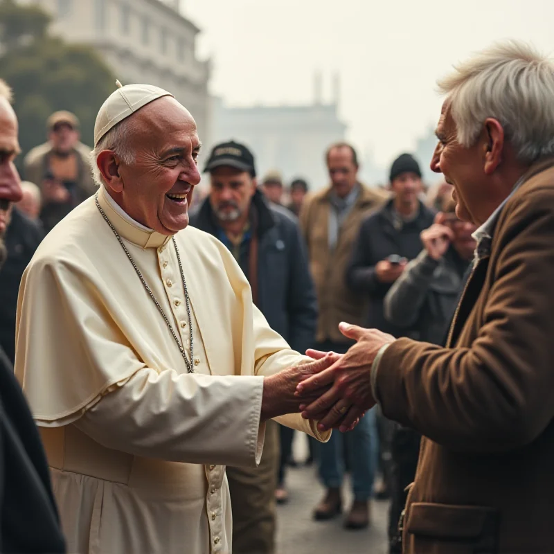 A photo of Pope Francis greeting the homeless outside the Vatican.