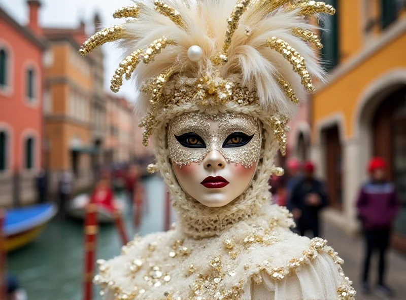 A person wearing a beautiful, ornate mask and costume at the Venice Carnival.