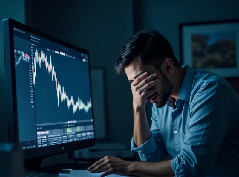 A worried looking investor staring at a computer screen showing a stock chart crashing.