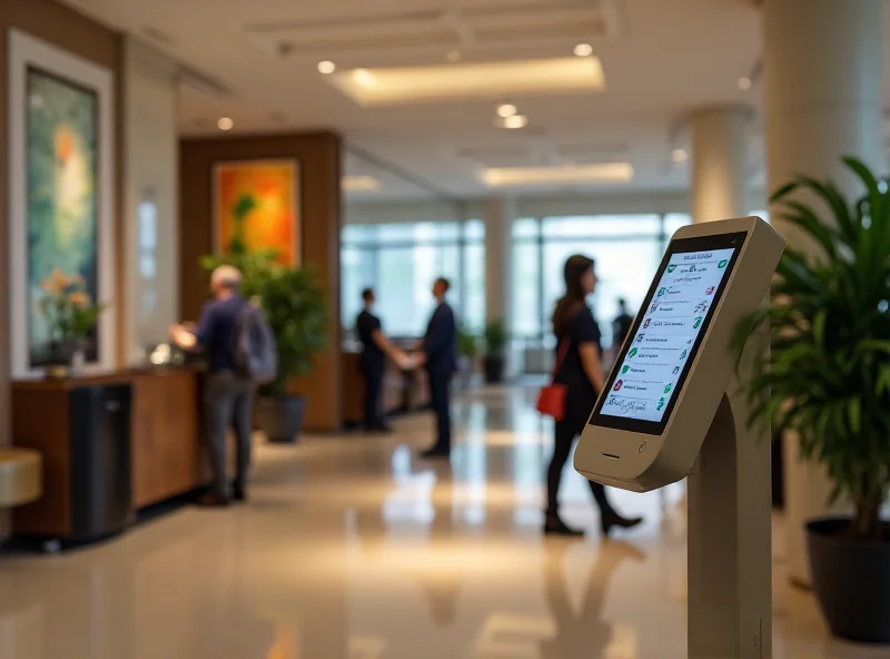 Modern hotel lobby with digital check-in kiosk