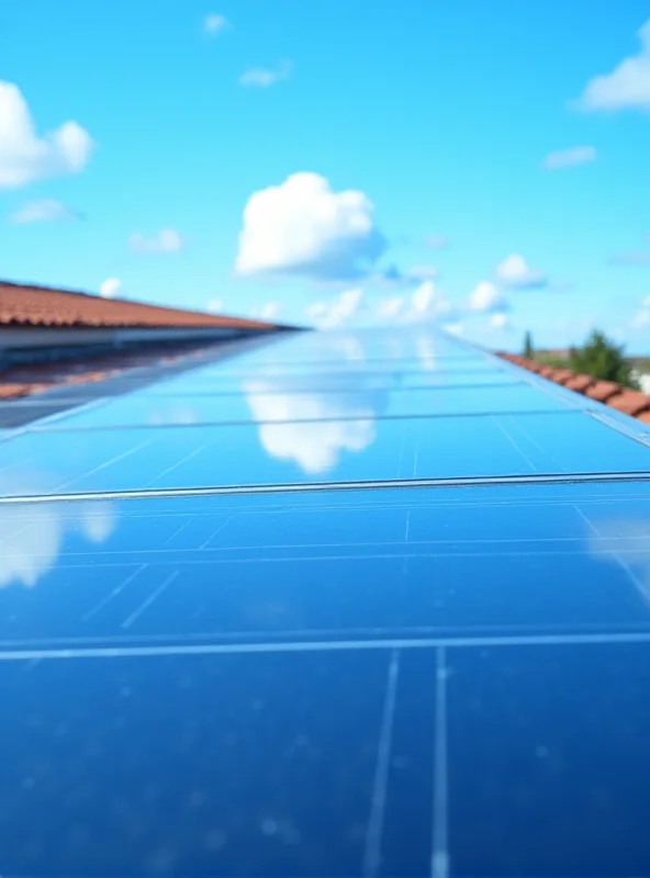 Solar panels on a rooftop under a bright blue sky