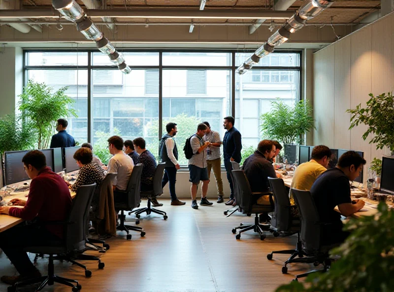 Panoramic view of a modern office space with people collaborating