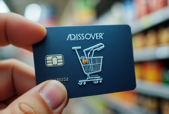 Close-up image of a Discover credit card with a shopping cart icon overlayed on a grocery store background.