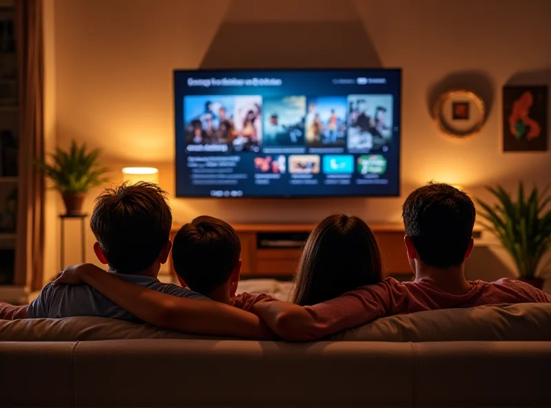 A family watching TV together in their living room, enjoying a streaming service.