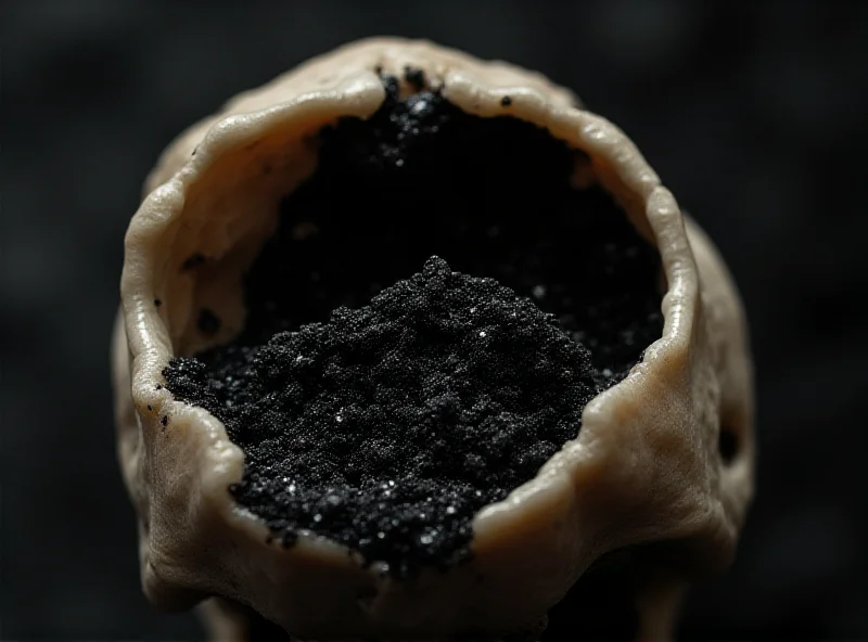 Close-up photograph of a skull fragment with a glassy, black substance inside, representing the vitrified brain found in Herculaneum.