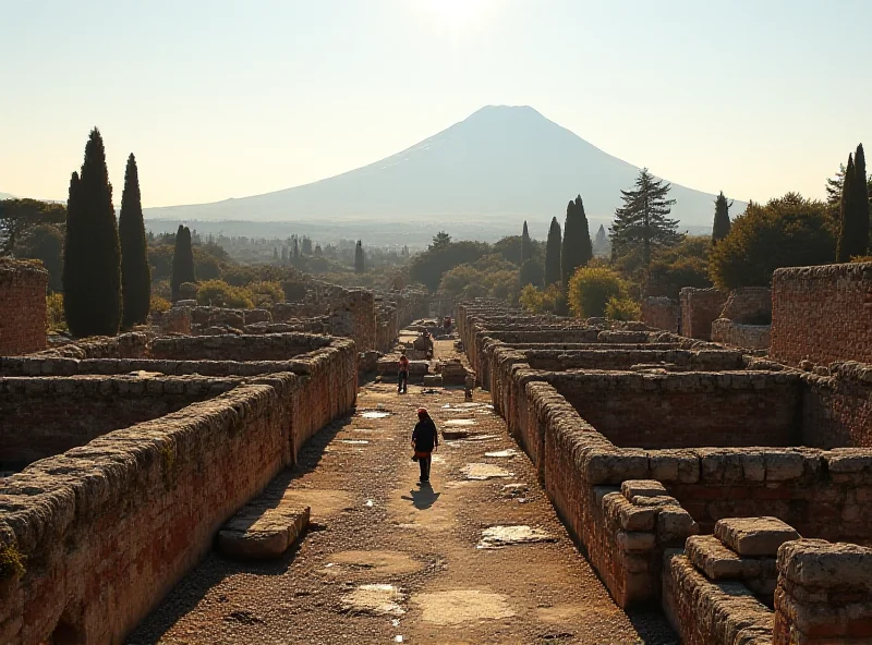 A wide shot of the archaeological site in Herculaneum, with visible ruins and the silhouette of Mount Vesuvius in the background.