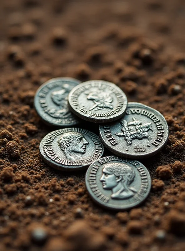 Close-up of several ancient Roman silver coins unearthed by a detectorist.