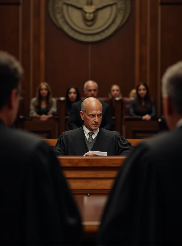 A courtroom scene with a judge and lawyers, hinting at the shoplifting case.