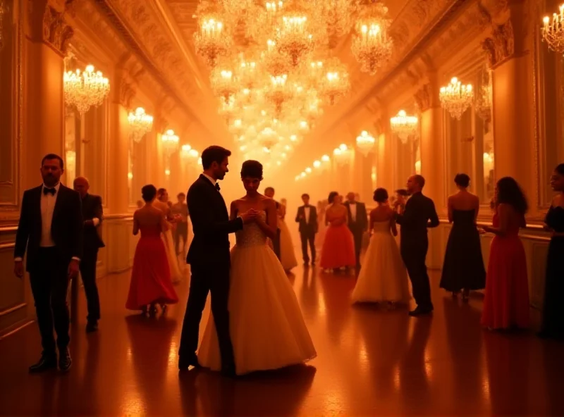 Elegant attendees at the Vienna Opera Ball, dressed in formal attire, enjoying the music and dancing.