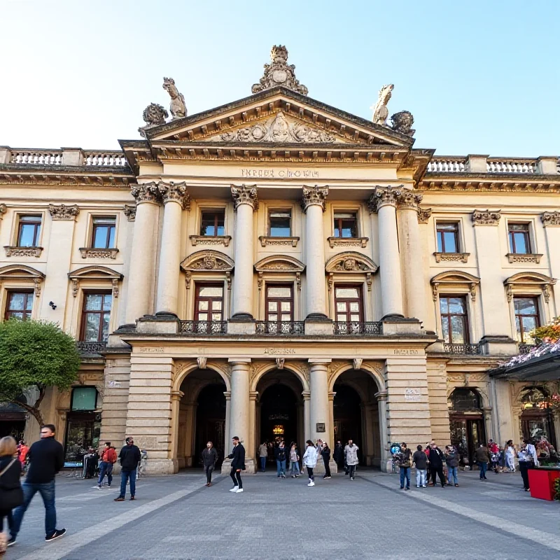 A wide shot of the Wiener Burgtheater, showcasing its grand architecture and bustling atmosphere.