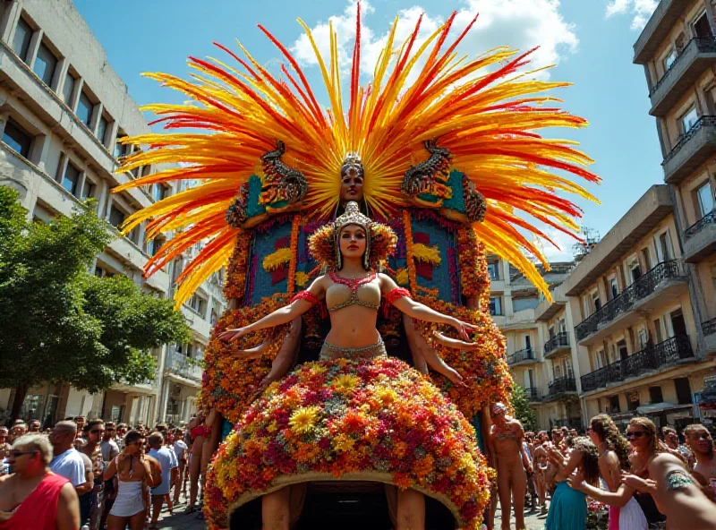 A vibrant and colourful Carnival float from Vila Isabel samba school, with dancers in elaborate costumes.