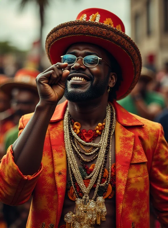 Martinho da Vila, a famous Brazilian samba singer, performing at the Vila Isabel Carnival parade, wearing a traditional costume.