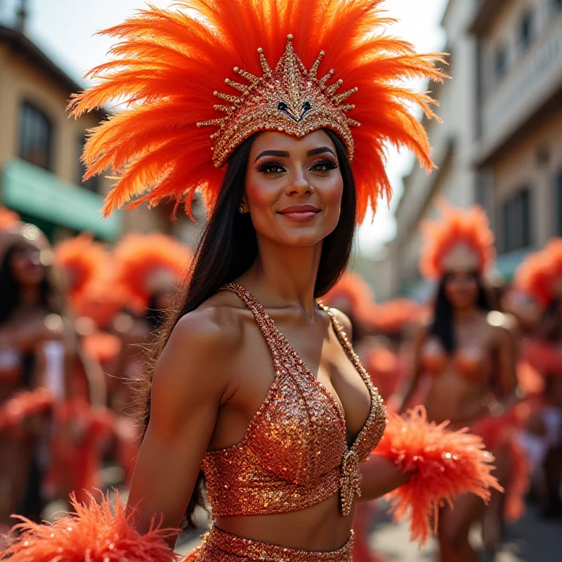 Gabi Martins, a Carnival muse, dancing energetically in a sparkly costume with feathers at the Vila Isabel parade.