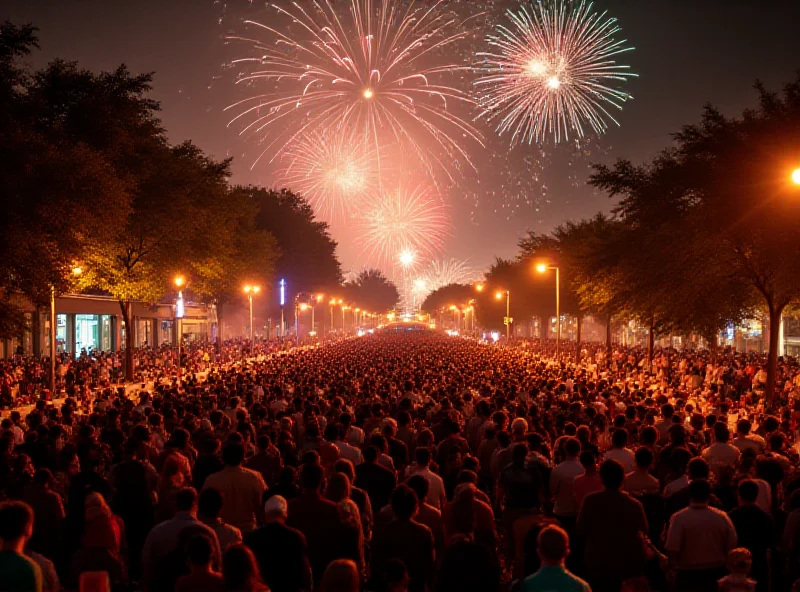 A wide shot of the Vila Isabel Carnival parade, showing the Avenue filled with people and elaborate floats, with fireworks in the background.