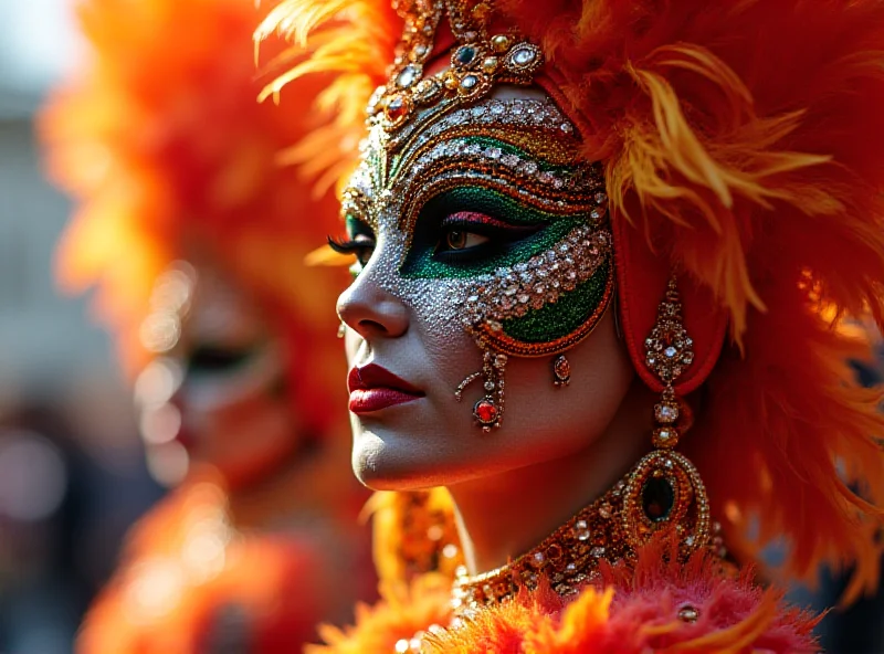 A close up of a vibrant and ornate Carnival costume, showcasing intricate details and bright colors.