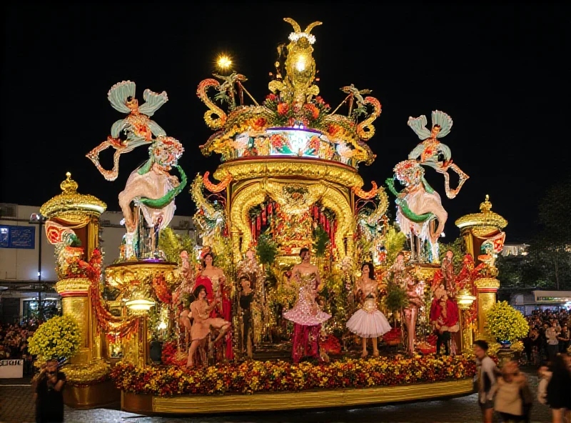 A grand allegorical float from a past Rio Carnival parade, featuring elaborate decorations and performers in vibrant costumes.