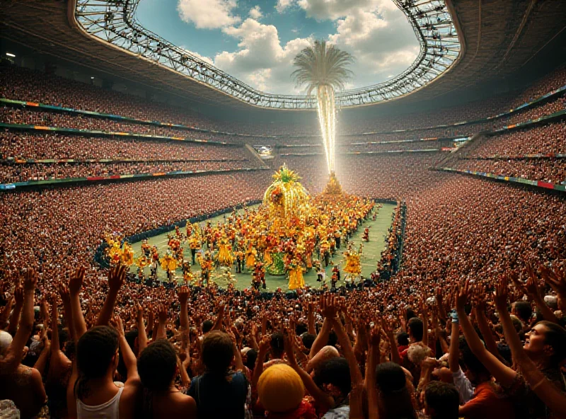 A wide shot of the Sambadrome during the Rio Carnival, filled with samba school performers, elaborate floats, and cheering crowds.