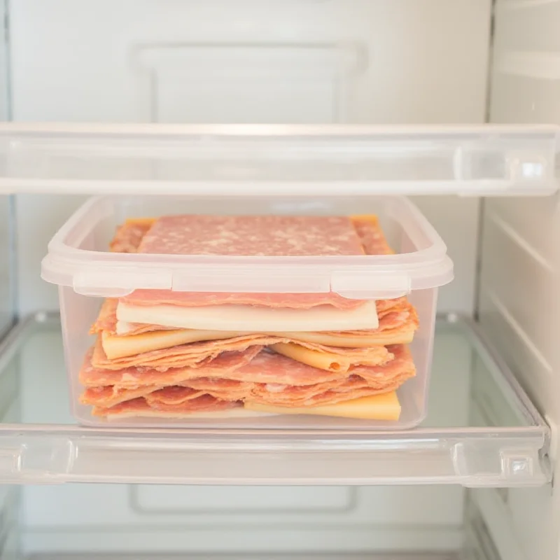 An organized refrigerator with a clear plastic container labeled 'Deli ProKeeper' filled with neatly stacked sliced meats and cheeses.