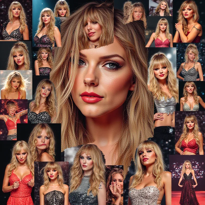 Collage of images of Taylor Swift throughout her career, including album covers and concert photos.