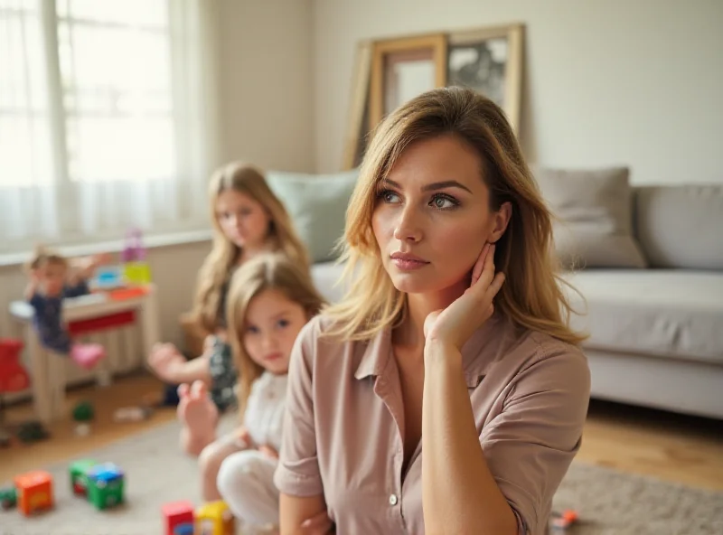 A young mother looking thoughtfully at her children playing in the background.