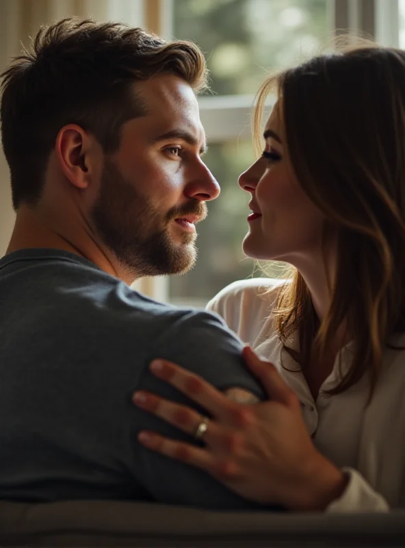 A couple sitting on a couch, looking at each other with a hopeful expression.