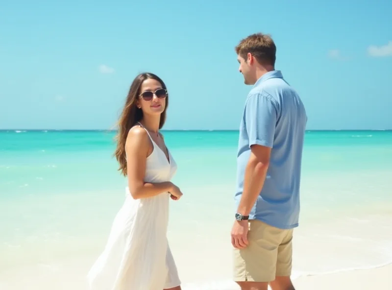 A woman smirking subtly while standing next to her oblivious husband on a tropical beach.