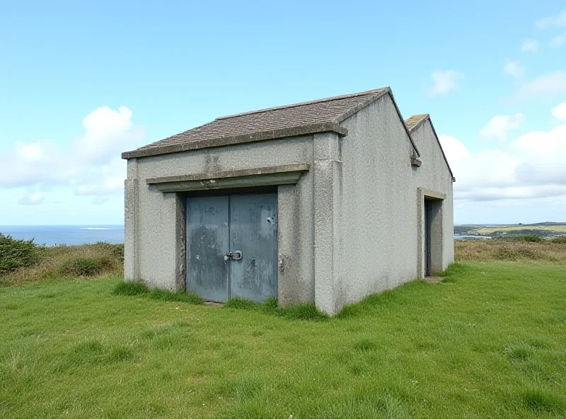 Exterior of a concrete building with metal door, surrounded by green grass and blue sky. 