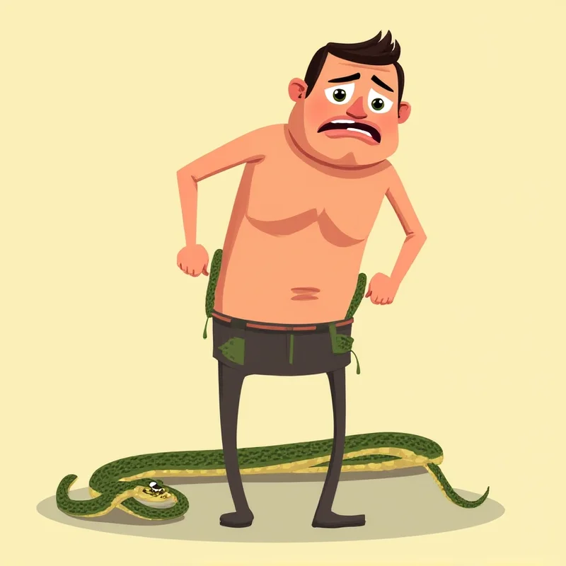 A cartoon image of a snake coiled around a man's leg. The man looks surprised and in pain.