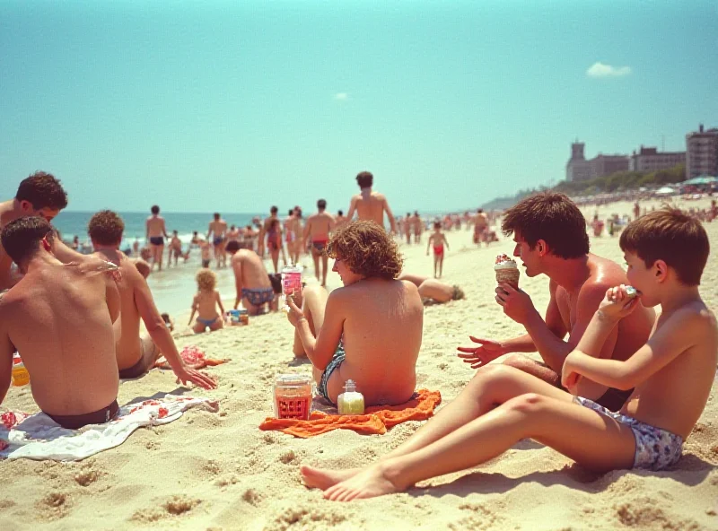 Martin Parr seaside photo of a crowded beach with people eating and sunbathing.