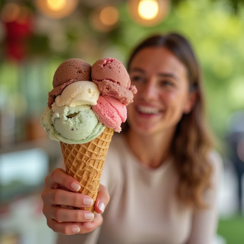 A person smiling while holding a large ice cream cone.