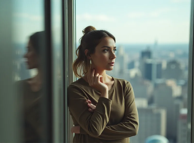 A woman thoughtfully considering her options, looking out of a window at a cityscape.