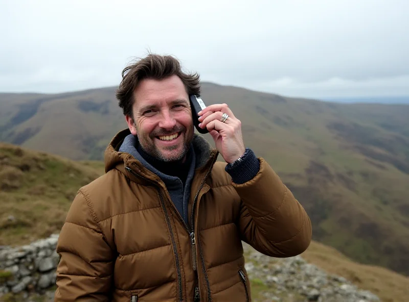 Rowan Chesmer making a satellite video call from the Welsh mountains with a smartphone.