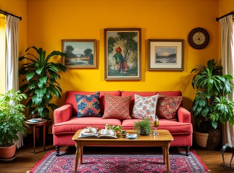 A brightly colored living room with eclectic furniture and art.