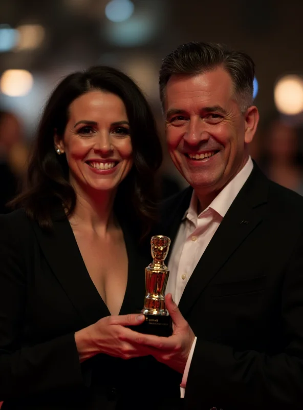 Two smiling people holding a trophy or award at a film festival event.