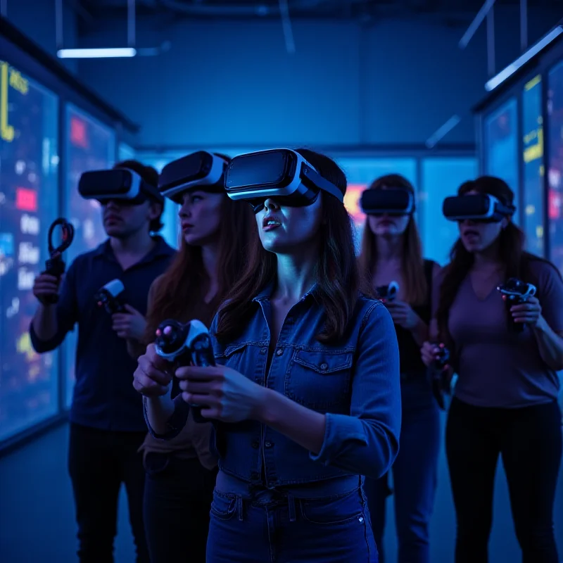 A group of people wearing VR headsets and holding controllers, immersed in a virtual world.